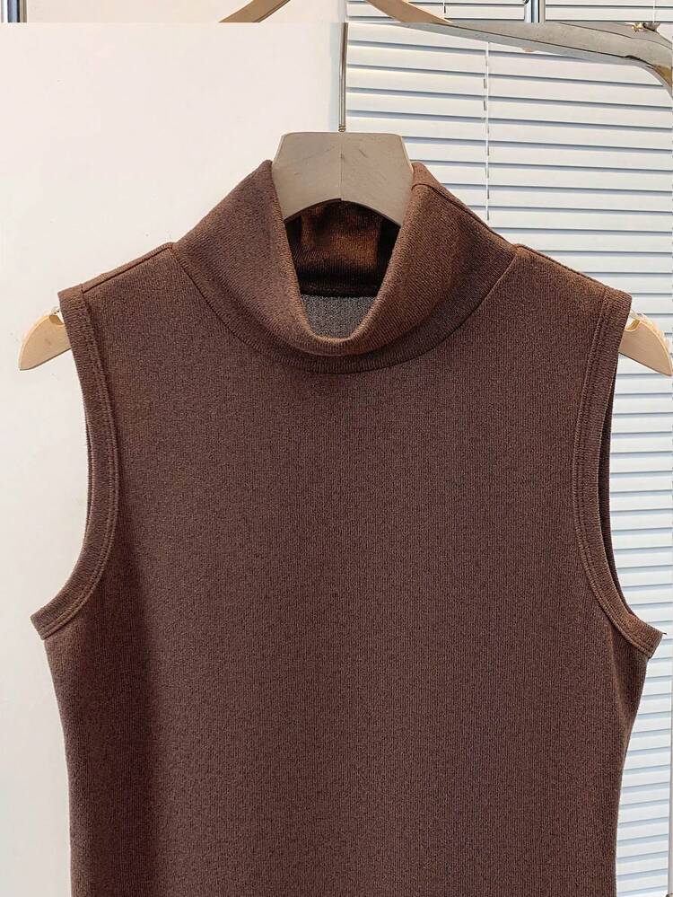 Franclia 女士三件套针织纯色休闲套装，包括高领背心、长袖开衫和松紧腰A字裙，咖啡色，秋冬款 - 咖啡棕 - 查看 6