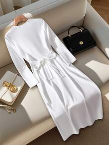 Franclia Elegant Commuter Solid Color Front Button Long Dress Fall Cloth For Women - White - View 2