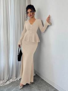 Elenzga Elegant & Chic French Style Deep Brown Textured Fabric, Fitted V-Neck With Metal Buckle Decor, Flared Sleeve & A-Line Hem Top With Bodycon Fish Tail Hem Skirt 2-Piece Set For Women - Light Yellow - View 7