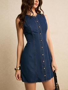 Poéselle Women's Round Neck Single-Breasted Casual Sleeveless Denim Dress  Valentine - Dark Wash - View 6