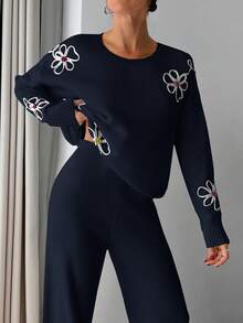 SHEIN Cottnline Petite Size Women 3d Floral Embroidery Sweater Co-Ord Set - Black and White - View 6