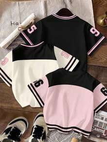 SHEIN EZwear 3件套休闲简约数字印花圆领宽松短袖T恤，女士款，适合夏季穿着 - 彩色 - 查看 2