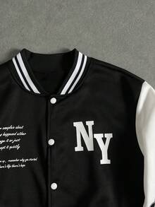 Manfinity ZONE917 Áo khoác Varsity hai tông màu họa tiết khẩu hiệu dành cho nam, Áo khoác bóng chày dài tay nhiều màu, Quà tặng cho bạn bè, chồng, bạn trai, cho mùa thu - màu đen - Xem 3