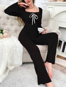 两件套女士蕾丝拼接圆领睡衣套装 - 黑色 - 查看 5