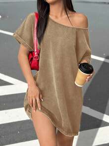 SHEIN EZwear Robe t-shirt ample au col asymétrique et style vintage délavé, style western festival de musique, pour l'été
