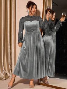 Cravure 大码女式网纱天鹅绒优雅泡泡袖连衣裙，收腰设计，适合派对穿着 - 深灰色 - 查看 7