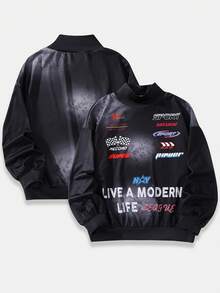 SHEIN 男童休闲韩版字母印花袖带圆领套头针织卫衣 - 黑色 - 查看 3