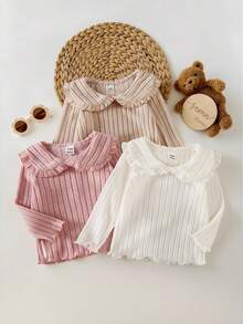 SHEIN 3pcs Baby Girls Elegant Ruffle Collar Striped Long Sleeve T-Shirt, Cute & Fashionable For Home, Outdoor, Vacation, All Seasons - Multicolor - View 6