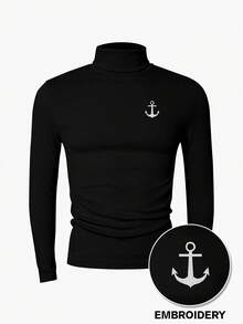 Manfinity Camiseta de cuello alto de manga larga con ajuste slim y estampado de ancla para hombre, versátil para uso diario - Negro - Ver 3