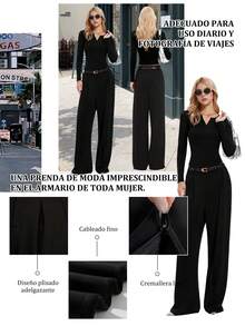 Pantalones casuales sueltos de pierna recta con plisados de cintura alta negros para mujeres, pantalones anchos de color liso, pantalones de mujer, textura, simple, casual, de moda y versátil - Negro - Ver 7