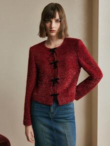 Arave Jaket Pesta Lengan Panjang Wanita Model Tweed dengan Detail Pita di Bahu dan Benang Emas Berkilau - Merah - View 6