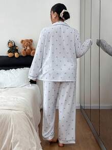 SHEIN Casual Woman Apricot Striped Plus Size Pajama Set Long Sleeve Lapel Button Front Long Pant Sets Woven Fabric - Apricot - View 2