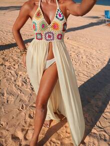 Swim Vcay 春夏新款单件编织米色钩针花朵图案装饰无袖长款优雅度假风女式泳装连衣裙（花朵图案颜色随机） - 杏色 - 查看 6