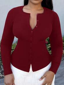 Alexandranx Ribbed Button Through Long Sleeve Crew Neck Top Casual Vacation Airport Holiday Fall Winter Christmas Elegant - Burgundy - View 3