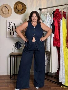 Enliva 大码牛仔两件套：无袖背心和裤子 - 深色水洗藍 - 查看 3