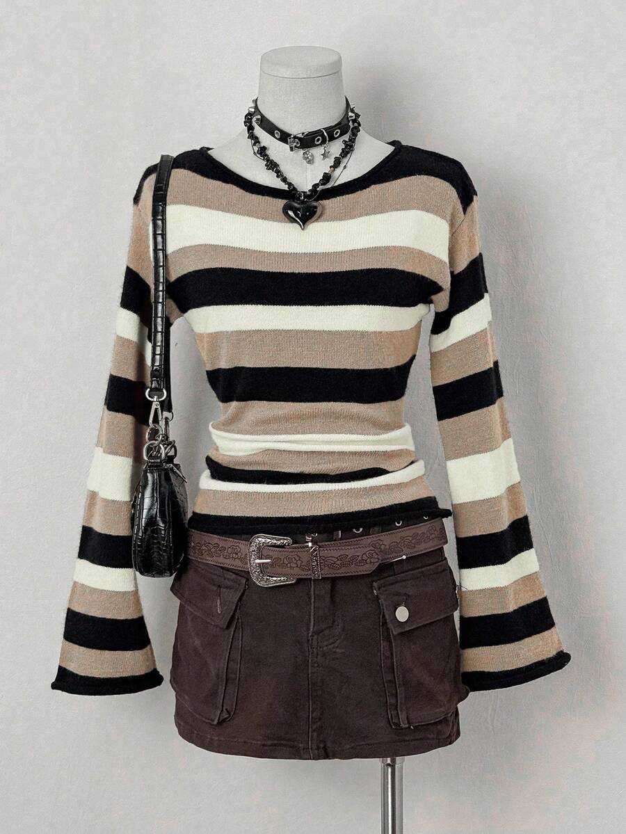 SHEIN Unity 女士条纹喇叭袖休闲套头毛衣,秋冬季 - 彩色 - 查看 1