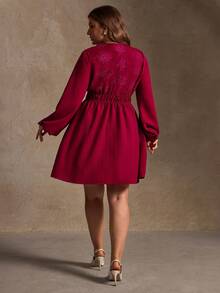 Elegantrix 秋冬季加大码法式女士纹理编织连衣裙，蕾丝纽扣腰A字连衣裙，红色法式连衣裙，优雅女士长袖连衣裙，约会外出装扮，下午茶装扮 - 紅色 - 查看 3