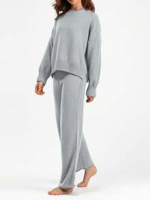 Franclia 女士休闲长袖上衣和阔腿裤套装 - 淺灰色 - 查看 3