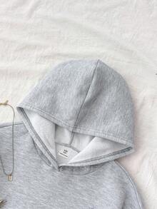 SHEIN 青少年女孩灰色休闲连帽运动衫，带口袋，十字设计，百搭长袖套头衫，秋冬装 FoGirlen - 灰色 - 查看 3