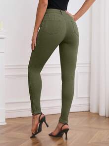 EMERY ROSE Women's Pocket Skinny Casual Versatile Denim Jeans Army Green Pants Olive Green Pants Green Jeans Green Pants For Women Women's Green Pants - Army Green - View 2