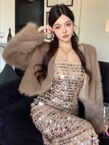 DAZY 女士时尚复古风纯色毛绒短外套，秋冬女式外套 - 灰色 - 查看 1