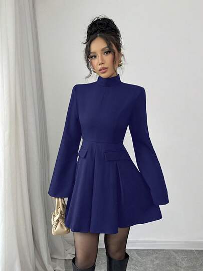 Elenzga Women's Elegant Commuter Solid Color Stand Collar Flare Sleeve Mini Dress