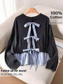 CosyJoli Bow Knot Casual Loose Long Sleeve Plus Size Women T-Shirt Bow Tie Front Casual For Women Casual Spring T-Shirt For Women - Black - View 4