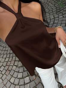 MainGRL Áo thun nữ cổ yếm bằng vải satin trơn màu thời trang tối giản - Màu nâu Sô-cô-la - Xem 3