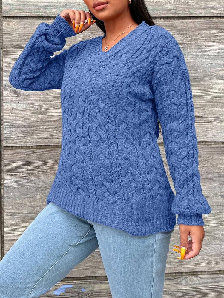 EURMUSE Plus Size Casual Daily Simple Solid Wavy Knit Loose Pullover Sweater For Autumn/Winter - Blue - View 4