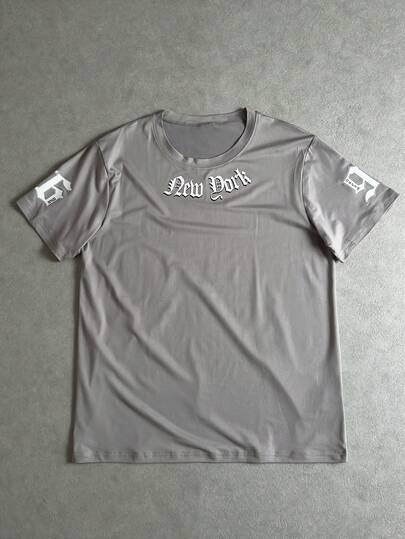 Manfinity ZONE917 Men's Letter Print Round Neck Casual Versatile Short Sleeve T-Shirt Men Grey Graphic Tee New York Graphic Tee 96 Graphic Tee Men Slogan Graphic Tee