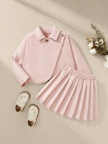 Souflis 4-7 Years Old Girls' French Retro Jacquard Woven Set, Cape-Style Top + Pleated Midi Skirt, Vintage Button Loose Silhouette, Elegant For Daily Wear, Parties, And Cultural Events - Pink - View 3