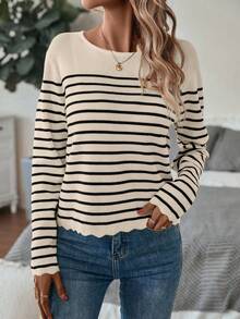 Chiquease 女士时尚条纹圆领长袖毛衣，秋冬季 - 杏色 - 查看 2