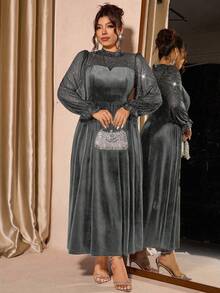 Cravure 大码女式网纱天鹅绒优雅泡泡袖连衣裙，收腰设计，适合派对穿着 - 深灰色 - 查看 5