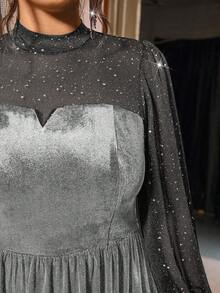 Cravure 大码女式网纱天鹅绒优雅泡泡袖连衣裙，收腰设计，适合派对穿着 - 深灰色 - 查看 8