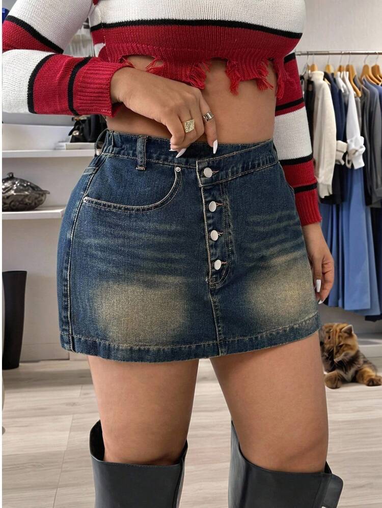 Jeanoix Plus Size Women Y2K Fashion Casual Washed Distressed Denim Mini Skirt - Dark Wash - View 4