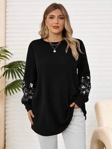 Rosumi 大码女式宽松圆领刺绣袖口T恤，感恩节女士T恤，黑色刺绣T恤，秋冬款，2025新款 - 黑色 - 查看 5