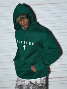 Modcrash 男士休闲简约标语印花保暖连帽卫衣，秋冬季，复古美式，男女通用，宽松版型夏季服装——适合日常穿着和夏季度假服装。 - 綠色 - 查看 2