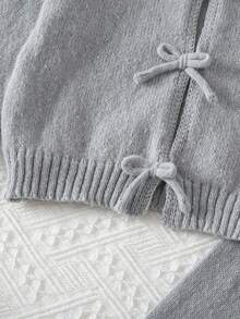 Young Girl Two Pieces Set With A Bow Knitted Long-Sleeved Cardigan And Knitted Wide-Leg Trousers. It Is Suitable For Autumn And Winter, Christmas, Back-To-School Outfit Girls Co Ord Sets Two Piece Set Women Girl Knit Set Knit Two Piece Set Blue Knit Set - Light Grey - View 9