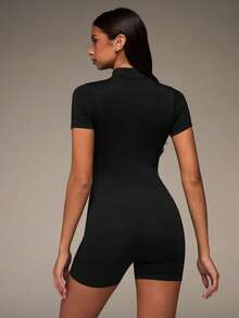 SHEIN BAE Half Zip Ribbed Knit Sports Romper - Black - View 2