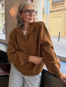 Vivie Lora Áo len dệt kim dáng rộng cổ bẻ màu trơn thường ngày dành cho nữ, mùa thu/đông - Màu Khaki - Xem 1