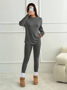 SHEIN PETITE Drop Shoulder Ribbed Knit Tee & Leggings Textured Fabric Two Pieces - Dark Grey - View 7