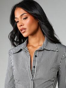 MISSGUIDED Blusa ajustada de manga larga con cuello en V y lazo en la espalda en color rosa claro, para uso casual en la oficina o trabajo, de moda para otoño, invierno y primavera