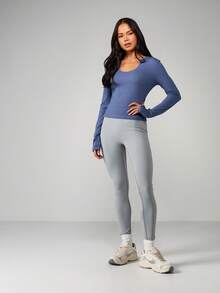 MISSGUIDED Women Long Sleeve Notch Neck Fitted Top Casual Stretch Cotton Tee Shirt Basic Pullover Fall Winter Everyday Essential - Blue - View 3
