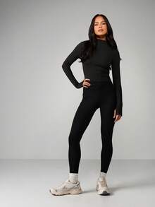 MISSGUIDED High Waisted Seamless Ribbed Waistband Detail Sports Leggings For Yoga Running Gym Workout Training Athletic Activewear Performance - Black - View 5