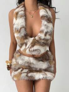 Aloruh Women's Deep V-Neck Faux Fur Sexy Party Camisole,Tank Top
