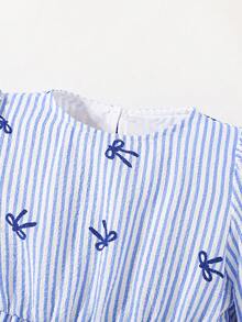 Maija Kids Kleine Mädchen Kleid mit blau-weißen gestreiften Schleifen-Dekor, rundem Ausschnitt, Lässig, Langarm - Blau-Weiß - Übersicht 7