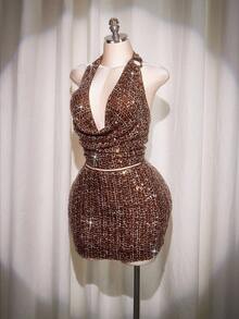 SHEIN ICON Plus Size Burgundy Sequin Halter Backless Blouse, Suitable For Party, Sexy Sequin Party Top Elegant Women's Blouses - Burgundy - View 7