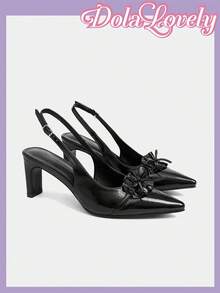 Dola Lovely Women's Fashion Pleated Ruffle Bow Pointed Toe Low Block Heel Elegant Cute Lolita Style Black High Heeled Pumps For Spring/Summer, Retro & Preppy Look - Black - View 8