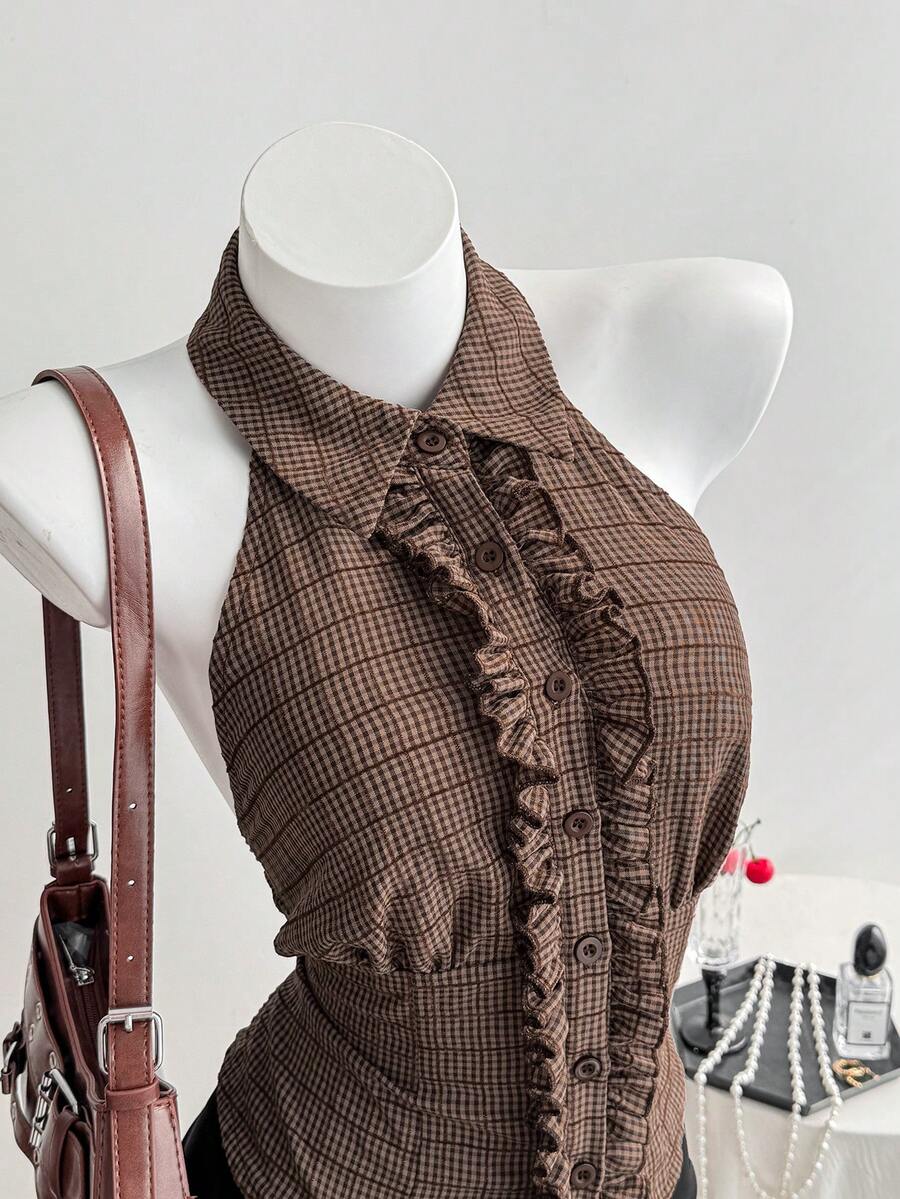 Comfortcana Women's Plaid Frill Trim Single-Breasted Halter Neck Blouse New Year's For Women Brown Polka Dot Dress - Brown - View 1