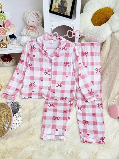 SHEIN Girls Knitted Collar Cute Bow & Heart Print Long Sleeve Pajama Set Matching Pajama Set Bows Bow Two Piece Set For Girl Bow Pajama Set Bow Pajamas For Girls Cute Bow Pajamas For Kids
